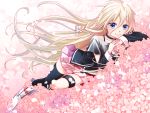  1girl asymmetrical_legwear black_legwear blonde_hair blue_eyes collar collarbone hair_ornament highres ia_(vocaloid) junji long_hair lying on_side pink_skirt pleated_skirt skirt smile solo thigh-highs vocaloid 