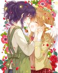  2girls :d ^_^ angel_wings apron bangs blush bow bowtie brown_hair closed_eyes commentary_request cover cover_page face-to-face flower flower_request glasses green_eyes halo hands_on_another&#039;s_cheeks hands_on_another&#039;s_face hatihamu holding_hands long_sleeves multiple_girls open_mouth original petals ponytail purple_hair red_rose rose school_uniform sidelocks skirt smile star tears wings yuri 