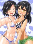  2girls bare_shoulders bikini black_hair blush breast_press breasts collarbone eyebrows fang futomashio hair_ornament hairclip hand_on_another&#039;s_hip heart highres kantai_collection kuroshio_(kantai_collection) long_hair medium_breasts multiple_girls navel one_eye_closed open_mouth oyashio_(kantai_collection) polka_dot polka_dot_bikini short_hair swimsuit symmetrical_docking tan thick_eyebrows tongue twitter_username yellow_eyes 