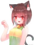 1girl :3 animal_ear_fluff animal_ears animal_tail bangs bell bell_collar breasts brown_hair cat_ears cat_tail chara_(undertale) collar dayuh eyebrows eyebrows_behind_hair fang hair hair_between_eyes heart-shaped_pupils long_bangs open_mouth paw_pose red_collar red_eyes red_pupils shirt simple_background sleeveless sleeveless_shirt solo spoilers striped striped_shirt tail teeth undertale upper_body upper_teeth watermark web_address white_background
