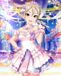  1girl artist_request black_eyes blonde_hair earrings frilled frills gloves hair_ornament idolmaster idolmaster_cinderella_girls jewelry microphone necklace official_art shiomi_shuuko short_hair solo sparkle star_hair_ornament tiara white_gloves 