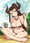  1girl aokihoshi barefoot bikini breasts brown_hair cleavage collar feet green_eyes highres horns indian_style large_breasts long_hair pointy_ears ponytail sitting solo swimsuit toes 