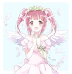  1girl :d angel_wings arm_ribbon bare_shoulders blush brown_eyes brown_hair clover dress feathers flower four-leaf_clover hair_flower hair_ornament hair_ribbon holding_hands idolmaster idolmaster_cinderella_girls mei_(maysroom) ogata_chieri open_mouth ribbon smile solo strapless strapless_dress twintails white_dress wings wristband 