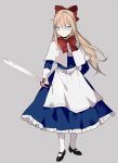  1girl arm_behind_back bangs black_shoes blonde_hair blue_dress blue_eyes bow capelet dress expressionless full_body grey_background hair_between_eyes hair_bow holding holding_sword holding_weapon long_hair long_sleeves mary_janes red_(girllove) shanghai_doll shoes simple_background solo sword touhou weapon white_legwear wind 
