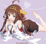  &gt;:d 1girl :d ahoge asondenaide bare_legs bare_shoulders barefoot black_eyes blush brown_hair commentary_request detached_sleeves double_bun feet frilled_skirt frills from_side hairband headband headgear heart interlocked_fingers japanese_clothes kantai_collection kongou_(kantai_collection) leg_up long_hair looking_at_viewer lying nontraditional_miko on_stomach open_mouth ribbon-trimmed_sleeves ribbon_trim skirt smile soles solo the_pose toes twitter_username wide_sleeves 