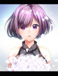  1girl bare_shoulders blush bouquet breasts eyes_visible_through_hair fate/grand_order fate_(series) flower hair_over_one_eye highres letterboxed lily_(flower) open_mouth purple_hair shielder_(fate/grand_order) short_hair solo towakarasu violet_eyes 