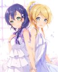  2girls 6u_(eternal_land) ayase_eli back-to-back bare_shoulders bead_bracelet blonde_hair blue_eyes blue_hair blush bow braid bubble commentary_request dress green_eyes hair_bow hair_ornament hair_scrunchie holding_hands lavender_bow long_hair looking_at_viewer love_live! love_live!_school_idol_project multiple_girls petals ponytail scrunchie single_braid sleeveless sleeveless_dress smile toujou_nozomi upper_body white_dress 