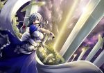  1girl braid corset dagger dress dutch_angle ishida_kazuma izayoi_sakuya maid_headdress mouth_hold red_eyes ribbon sash short_sleeves silver_hair sky solo sparkle touhou twin_braids waist weapon wrist_cuffs 