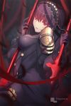  1girl artist_name between_breasts blurry bodysuit breasts depth_of_field fate/grand_order fate_(series) gae_bolg highres long_hair magicians_(zhkahogigzkh) parted_lips pauldrons polearm purple_hair red_eyes scathach_(fate/grand_order) skin_tight solo spear veil watermark weapon 