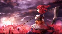  1girl arm_garter closed_eyes flower hair_bobbles hair_ornament hitodama minust obi onozuka_komachi over_shoulder puffy_short_sleeves puffy_sleeves redhead sash scythe short_hair short_sleeves solo spider_lily sunlight touhou twintails weapon weapon_over_shoulder 