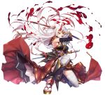  1girl bandages blood forehead_protector gauntlets hayakawa_harui headpiece heterochromia horns japanese_clothes katana long_hair looking_at_viewer open_mouth original ponytail red_eyes simple_background solo sword unsheathed very_long_hair weapon yellow_eyes 