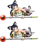  blue_eyes blue_hair bracelet breast_press breasts choker cleavage dragon_quest dragon_quest_v dress earrings flora garter_straps hair_ribbon jewelry large_breasts legs_up looking_at_viewer lying_on_side professormegaman sceptre smile solo thigh-highs weapon 