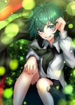  1girl absurdres antennae bifrst black_cape black_shorts blue_eyes blush earrings fireflies green_hair grin hair_tucking highres jewelry long_sleeves looking_at_viewer plant puffy_long_sleeves puffy_sleeves shirt short_hair shorts sitting smile solo touhou white_shirt wriggle_nightbug 