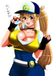  1girl atago_(kantai_collection) baseball_cap blonde_hair blue_eyes breasts cleavage female_protagonist_(pokemon_go) female_protagonist_(pokemon_go)_(cosplay) fingerless_gloves gloves hat kantai_collection large_breasts long_hair perepere-kun poke_ball pokemon pokemon_go ponytail simple_background smile solo translation_request very_long_hair white_background 