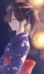  blue_eyes blurry blush depth_of_field eyebrows eyebrows_visible_through_hair floral_print hair_ribbon highres japanese_clothes kimono kyoo-kyon_(kyo-kyon) obi original ribbon sash short_hair side_ponytail suzunari_shizuku yukata 