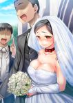  1girl 2boys bare_shoulders black_hair bouquet breasts bridal_gauntlets bridal_veil bride brown_eyes cleavage collar commentary_request dress elbow_gloves flower formal gloves hand_on_shoulder hijiri_tsukasa jewelry large_breasts multiple_boys necktie no_eyes open_mouth original ring rose smile solo_focus suit tears tuxedo veil wedding wedding_dress white_dress 