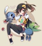  1girl bag baseball_cap belt black_legwear blush breasts brown_eyes brown_hair cellphone choker commentary_request fang female_protagonist_(pokemon_go) fingerless_gloves gloves hat highres ka-no leggings long_hair looking_at_viewer messenger_bag no_socks oddish open_mouth phone poke_ball pokemon pokemon_(creature) pokemon_go poliwag ponytail shoes shorts shoulder_bag simple_background smile sneakers 