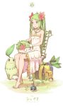  1girl 2016 :3 animal animal_on_lap artist_name backpack bag barefoot chair character_name chikorita cloba_(daeniel811015) dress flower gloves green_eyes green_hair hair_flower hair_ornament highres moemon net_ball oddish poke_ball pokeball_symbol pokemon pokemon_(creature) shaymin sitting smile white_background white_dress white_gloves 