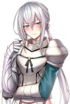  1boy androgynous armor bedivere blush embarrassed fate/grand_order fate_(series) green_eyes looking_away navel shijiu_(adamhutt) solo twintails white_hair 