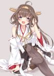  1girl bare_shoulders boots brown_hair detached_sleeves double_bun erika_(ym0311) hairband headgear highres japanese_clothes kantai_collection kongou_(kantai_collection) long_hair nontraditional_miko remodel_(kantai_collection) ribbon-trimmed_sleeves ribbon_trim sitting skirt solo thigh-highs thigh_boots 