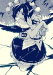  1girl black_wings camera hat hichiko monochrome pom_pom_(clothes) shameimaru_aya shirt short_hair short_sleeves skirt solo tokin_hat touhou tree wings 