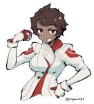  1girl breasts candela_(pokemon) dark_skin grin hand_on_hip medium_breasts papa pokemon pokemon_go red_eyes short_hair smile solo upper_body 