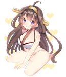  1girl ahoge alternate_costume bare_arms bare_legs bare_shoulders bikini brown_hair commentary_request headband kantai_collection kongou_(kantai_collection) light_smile long_hair looking_at_viewer sitting solo swimsuit touko_(toukoneko) violet_eyes wariza white_bikini 