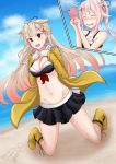  2girls absurdres ai_ai_gasa bare_shoulders beach bikini_skirt bikini_top black_ribbon black_skirt blonde_hair blue_hair blue_sky blush boots braid breasts cellphone character_name closed_eyes clouds drooling fang flower gradient_hair hair_flaps hair_flower hair_ornament hair_ribbon hairclip harusame_(kantai_collection) highres kantai_collection kneeling long_hair long_sleeves medium_breasts multicolored_hair multiple_girls navel noyomidx open_mouth phone pink_hair raincoat red_eyes remodel_(kantai_collection) ribbon rubber_boots sand side_ponytail single_braid skirt sky smartphone smile twitter_username water yellow_boots yuudachi_(kantai_collection) 