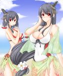  2girls beach bikini black_hair blue_sky blurry breasts cleavage clouds cloudy_sky commentary_request covered_navel depth_of_field flower fusou_(kantai_collection) hair_flower hair_ornament kantai_collection kuon_(nokokopopo) long_hair mouth_hold multiple_girls navel ocean red_eyes short_hair sky swimsuit yamashiro_(kantai_collection) 