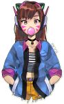  1girl animal_ears bangs belt belt_buckle blue_jacket blush brown_eyes brown_hair bubble_blowing bubblegum buckle cat_ears choker collarbone d.va_(overwatch) dated eyebrows eyebrows_visible_through_hair facepaint facial_mark fake_animal_ears gum hands_in_pockets headphones jacket long_hair looking_at_viewer overwatch pocket shirt shorts simple_background sleeves_rolled_up solo striped striped_shirt transparent_background whisker_markings yellow_shorts 