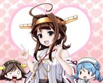  0_0 3girls ahoge alternate_hair_length alternate_hairstyle bare_shoulders beret blue_hair breasts brown_hair detached_sleeves double_bun flipped_hair hairband hat headgear heart hiei_(kantai_collection) japanese_clothes kantai_collection kongou_(kantai_collection) long_hair looking_at_viewer multiple_girls nontraditional_miko open_mouth remodel_(kantai_collection) ribbon-trimmed_sleeves ribbon_trim sailor_hat school_uniform serafuku short_hair sleeves_rolled_up smile solid_circle_eyes teeth tk8d32 urakaze_(kantai_collection) violet_eyes 
