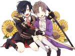  2boys black_gloves black_hair brown_hair child eyepatch gloves hair_over_one_eye heshikiri_hasebe hyouseki_ren kneehighs looking_at_viewer male_focus multiple_boys necktie open_mouth red_necktie sheath sheathed shokudaikiri_mitsutada shorts simple_background smile sock_garters sword tachi touken_ranbu uchigatana violet_eyes weapon white_background white_gloves yellow_eyes younger 