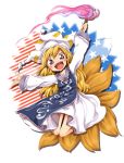  1girl american_flag blonde_hair blush_stickers clownpiece dress fairy_wings fire fox_tail full_body harusame_(unmei_no_ikasumi) hat jester_cap long_hair long_sleeves looking_at_viewer ofuda open_mouth pink_eyes simple_background smile solo star striped tabard tail teeth torch touhou white_dress wings yakumo_ran yakumo_ran_(cosplay) 