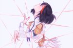  1girl black_hair closed_eyes dragonaer123 dress epaulettes junketsu kill_la_kill life_fiber matoi_ryuuko multicolored_hair parted_lips pleated_skirt short_hair simple_background skirt solo streaked_hair upper_body 