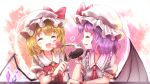  2girls :d ^_^ arm_garter ascot bat_wings blonde_hair blush bow candy closed_eyes crystal fangs feeding flandre_scarlet frilled_shirt_collar frills hat hat_bow heart lollipop minust mob_cap multiple_girls open_mouth puffy_short_sleeves puffy_sleeves purple_hair red_bow remilia_scarlet short_hair short_sleeves shortcake siblings sisters smile touhou upper_body wings wrist_cuffs 