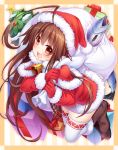  1girl absurdres ahoge bangs blush boots brown_hair capelet christmas_tree eyebrows_visible_through_hair fang fish fur_trim gift gloves hat highres holding kantai_collection kuma_(kantai_collection) long_hair looking_at_viewer open_mouth red_eyes red_gloves sack santa_costume santa_hat saury smile solo thigh-highs thighs wakagi_repa white_legwear 