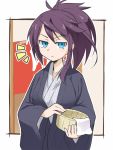  /\/\/\ 1girl blue_eyes imura_(shiro_maru) japanese_clothes kimono long_hair looking_at_viewer original ponytail purple_hair shiro_maru solo 