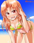  1girl alternate_eye_color alternate_hair_color alternate_hairstyle beach bikini blue_sky blush breasts clouds collarbone futomashio hair_down highres kagerou_(kantai_collection) kantai_collection leaning_forward looking_at_viewer medium_breasts navel open_mouth orange_hair outdoors red_eyes sand side-tie_bikini sky smile solo striped striped_bikini swimsuit teeth twitter_username water 