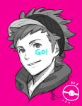 1boy body_writing close-up commentary_request greyscale hood kozaki_yuusuke looking_at_viewer male_focus male_protagonist_(pokemon_go) monochrome pink_background poke_ball pokemon pokemon_go short_hair simple_background smile solo visor_cap 