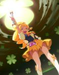  1girl :d arm_up cure_honey happinesscharge_precure! highres long_hair looking_at_viewer magical_girl oomori_yuuko open_mouth ponytail precure skirt smile solo uganda yellow_eyes yellow_skirt 