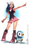  1girl armpits beanie blue_eyes blue_hair boots hat highres hikari_(pokemon) mleth open_mouth pointing pokemon pokemon_(creature) pokemon_(game) pokemon_dppt prinplup scarf skirt sleeveless 