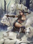  1girl armor armored_boots arrow bare_tree boots bow_(weapon) breasts brown_gloves brown_hair cleavage closed_mouth drawing_bow fur_trim gloves green_eyes holding horns index_finger_raised jewelry lian-oxan_studio long_hair necklace one_knee original outdoors outstretched_arm quiver realistic snow tree weapon wolf 
