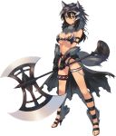  1girl amazuyu_tatsuki armlet armor axe bare_shoulders battle_axe bikini_armor black_hair blue_eyes breasts cleavage dark_skin dungeon_travelers_2 fur_trim gloves hat high_heels highres holding holding_weapon large_breasts long_hair looking_at_viewer solo standing thigh_strap transparent_background weapon 