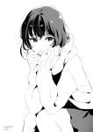  1girl bangs blush chin_rest dated hand_on_own_chin knees_together_feet_apart messy_hair monochrome morikura_en original short_hair simple_background sitting sketch skirt sleeves_past_wrists solo sweater white_background 