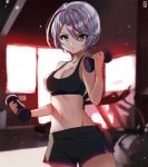  1girl bangs black_shorts blurry breasts cleavage collarbone cowboy_shot crop_top depth_of_field door dumbbell eyebrows eyebrows_visible_through_hair eyelashes gabe_(seelunto) green_eyes gym hair_between_eyes holding indoors large_breasts light_particles midriff multicolored_hair navel pripara purple_hair shade shikyouin_hibiki short_hair shorts silver_hair sleeveless solo stomach strap_gap streaked_hair sweat sweating tank_top two-tone_hair 