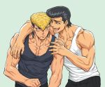  2boys arm_around_shoulder black_hair blonde_hair blue_background blush brothers dangan_ronpa dangan_ronpa_1 looking_at_another male_focus multicolored_hair multiple_boys muscle oowada_daiya oowada_mondo pompadour siblings simple_background smile sweatdrop tank_top two-tone_hair upper_body yoiko_(hou-kou) 