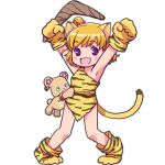  1girl animal_ears armpits arms_up asahina_mirai blonde_hair blush_stickers boomerang bow cat_ears cat_tail cham_cham cham_cham_(cosplay) gloves hair_bow highres mahou_girls_precure! mofurun_(mahou_girls_precure!) open_mouth parody paw_gloves paw_shoes paws precure samurai_spirits sayousuke shoes side_ponytail simple_background smile solo tail tiger_paws tiger_print violet_eyes white_background 