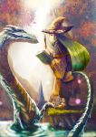  1girl absurdres book dragon fantasy green_hair hat highres long_hair magnifying_glass namacotan original solo witch_hat 