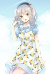  alternate_costume bare_shoulders bekotarou blue_eyes blush clouds dress eyebrows eyebrows_visible_through_hair fruit_print hat highres kantai_collection kashima_(kantai_collection) open_mouth puffy_short_sleeves puffy_sleeves short_sleeves silver_hair sky solo sundress twintails 