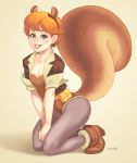  1girl acorn acorn_earrings animal_ears ankle_boots belt belt_pouch boots breasts buck_teeth cleavage earrings fake_animal_ears freckles green_eyes grey_legwear hairband hands_on_own_knees jacket jewelry kneeling leotard lips maou_alba marvel orange_hair pantyhose short_hair sleeves_pushed_up smile solo squirrel_ears squirrel_girl squirrel_tail superhero tail 